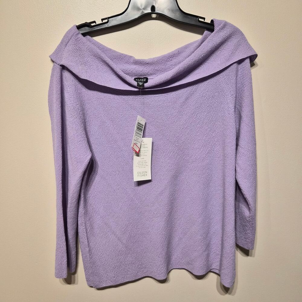 Eileen Fisher 100% Wool Lilac Draped Off the Shoulder 3/4 Sleeve Top Medium